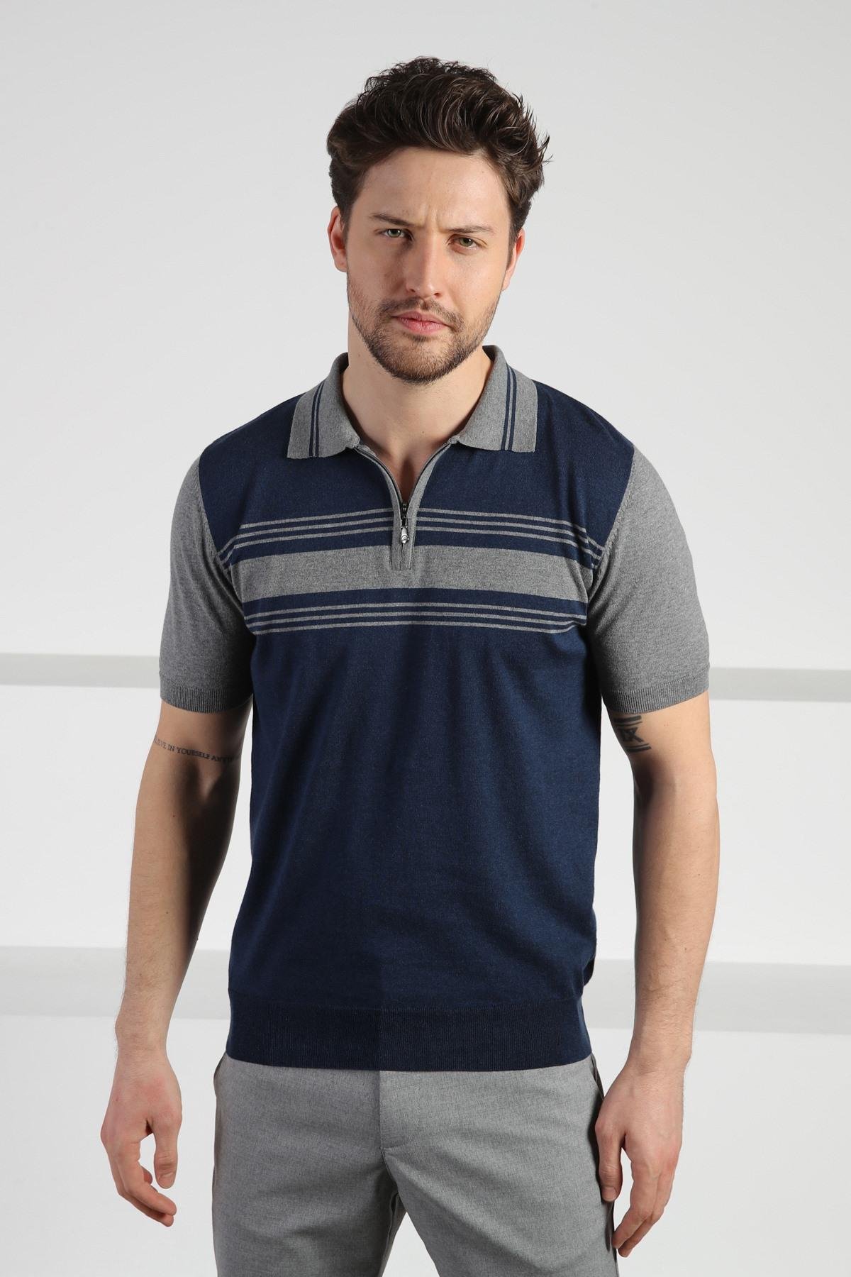 Ferraro Lacivert Polo Yaka Çizgili Fermuarlı Erkek Pamuk Triko T-Shirt