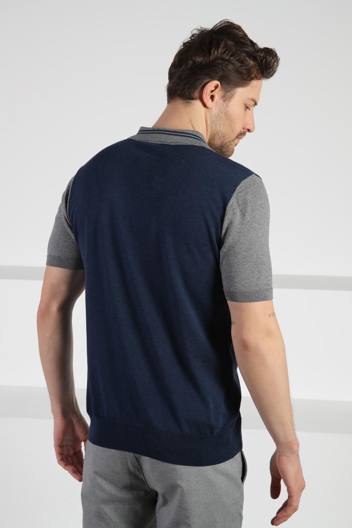 Ferraro Lacivert Polo Yaka Çizgili Fermuarlı Erkek Pamuk Triko T-Shirt