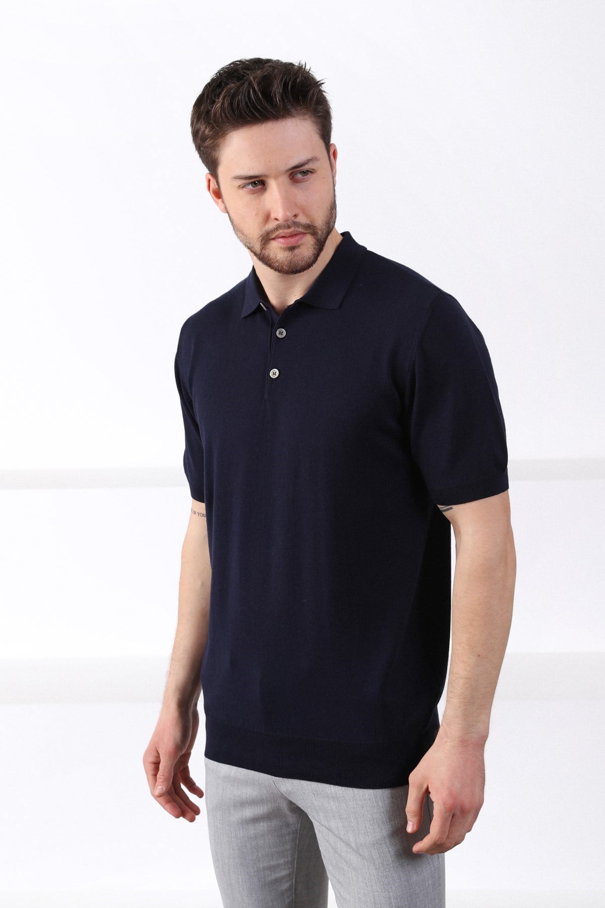 Ferraro Lacivert Polo Yaka Düz Renk Erkek Pamuk Triko T-Shirt