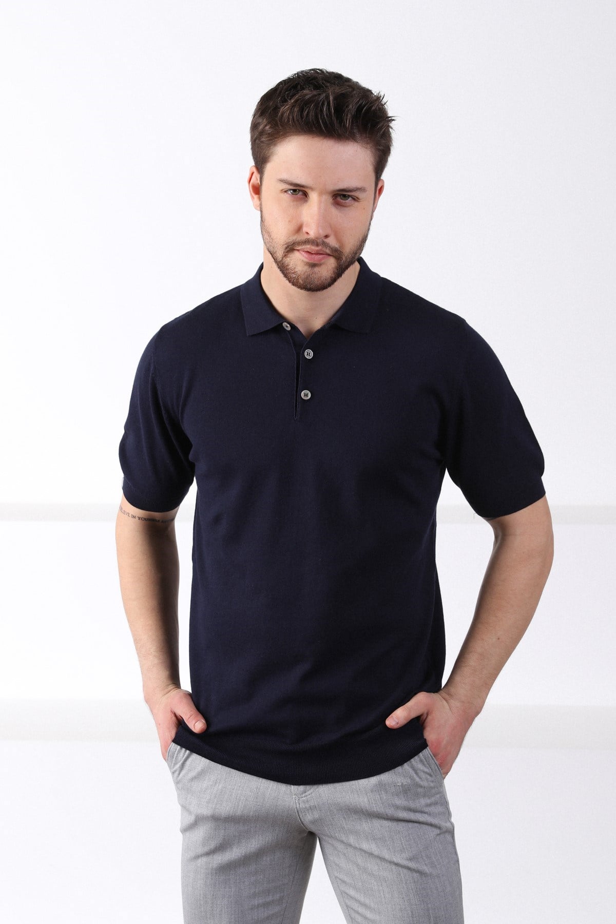 Ferraro Lacivert Polo Yaka Düz Renk Erkek Pamuk Triko T-Shirt