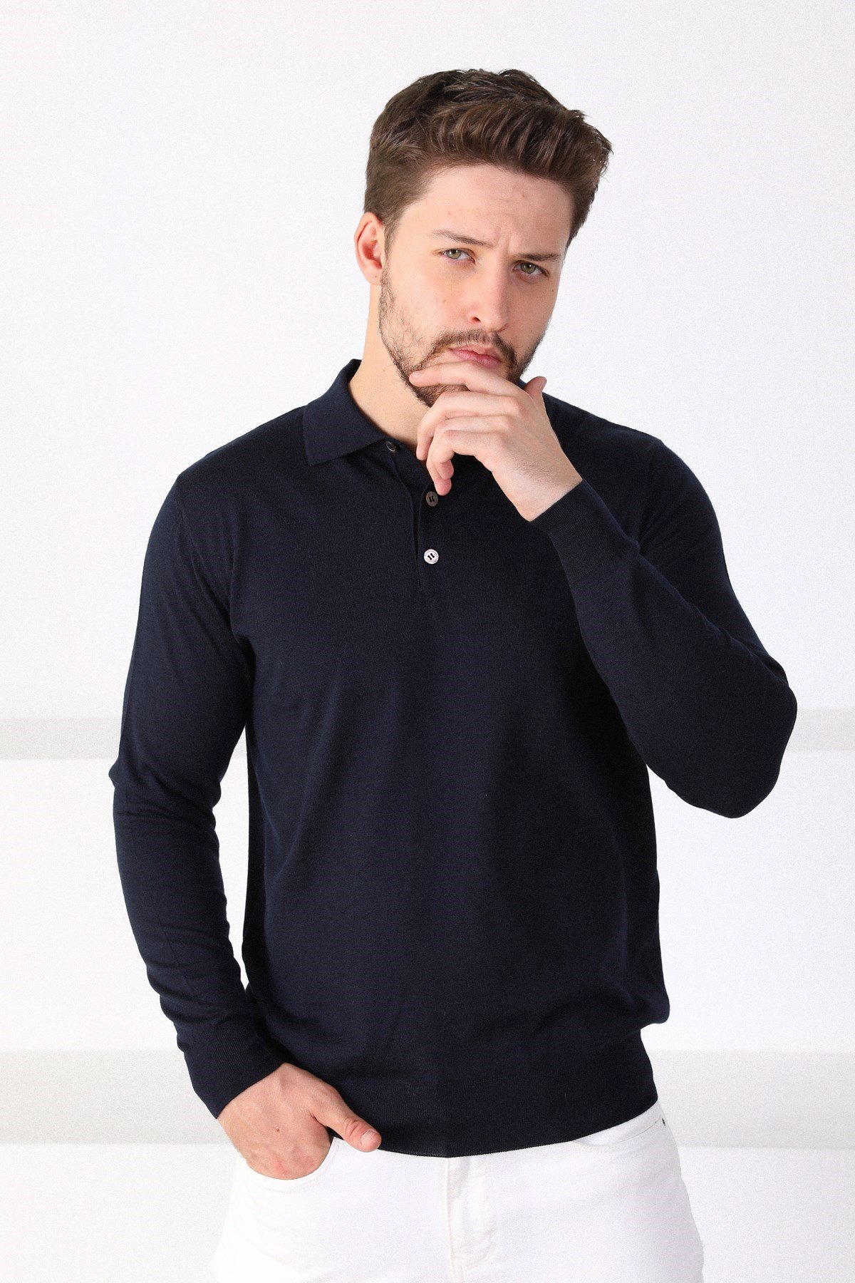 Ferraro Lacivert Polo Yaka Erkek Triko Kazak