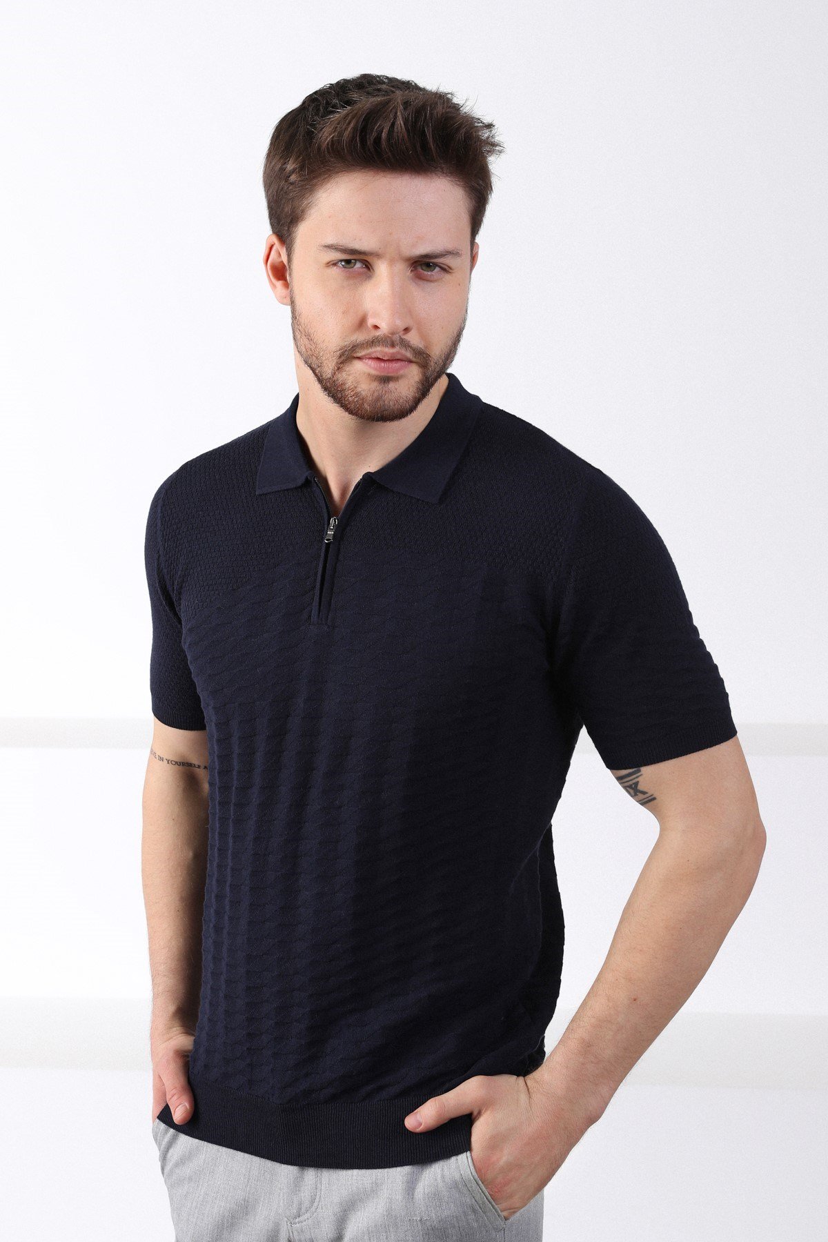 Ferraro Lacivert Polo Yaka Fermuarlı Erkek Pamuk Triko T-Shirt