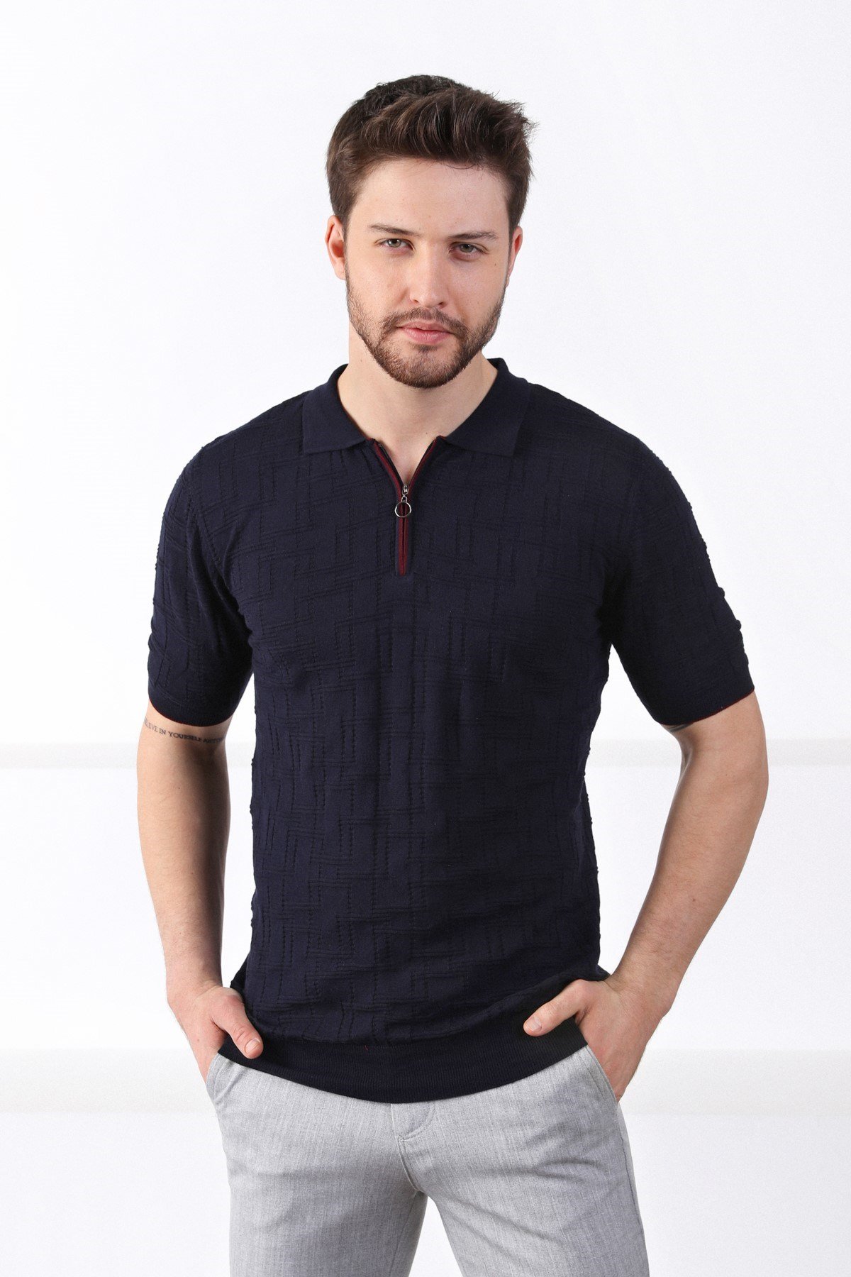 Ferraro Lacivert Polo Yaka Fermuarlı Erkek Pamuk Triko T-Shirt