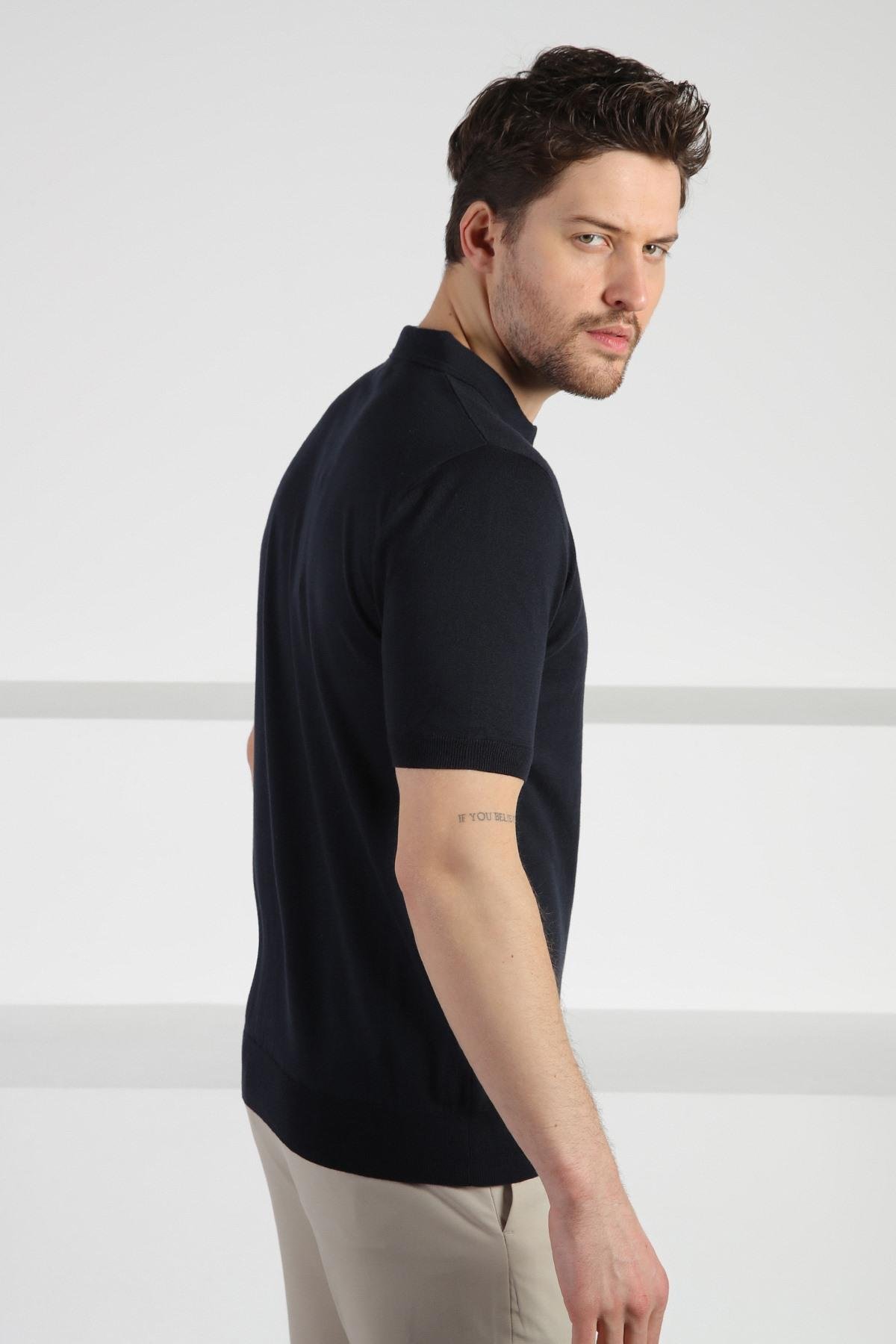 Ferraro Lacivert Polo Yaka Fermuarlı Erkek Pamuk Triko T-Shirt