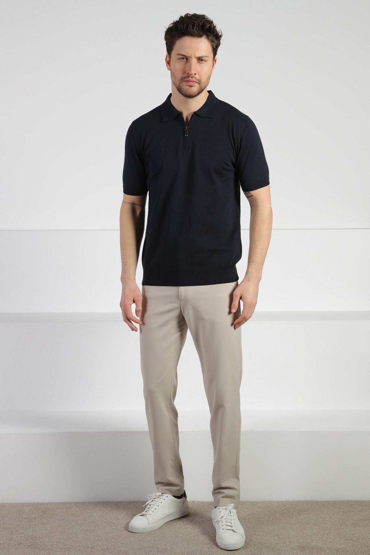 Ferraro Lacivert Polo Yaka Fermuarlı Erkek Pamuk Triko T-Shirt