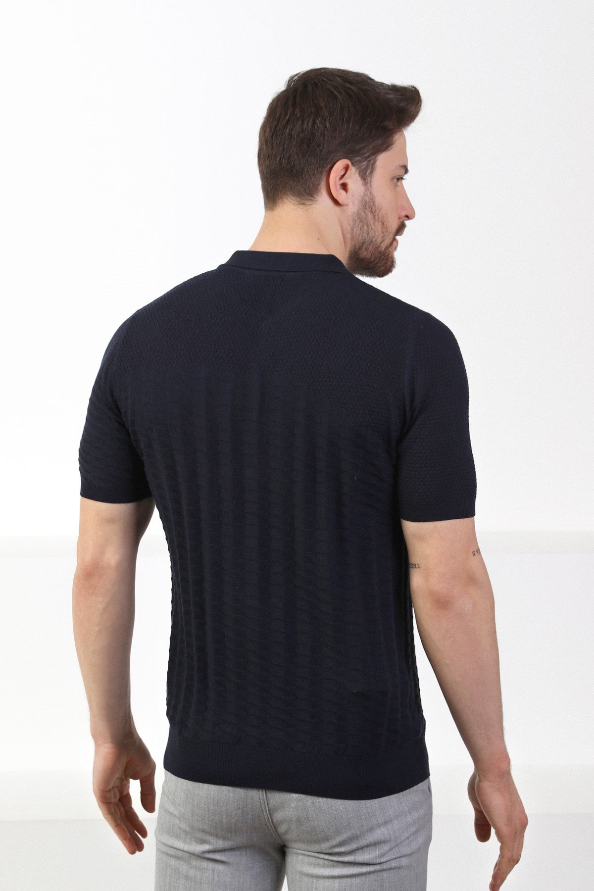 Ferraro Lacivert Polo Yaka Fermuarlı Erkek Pamuk Triko T-Shirt