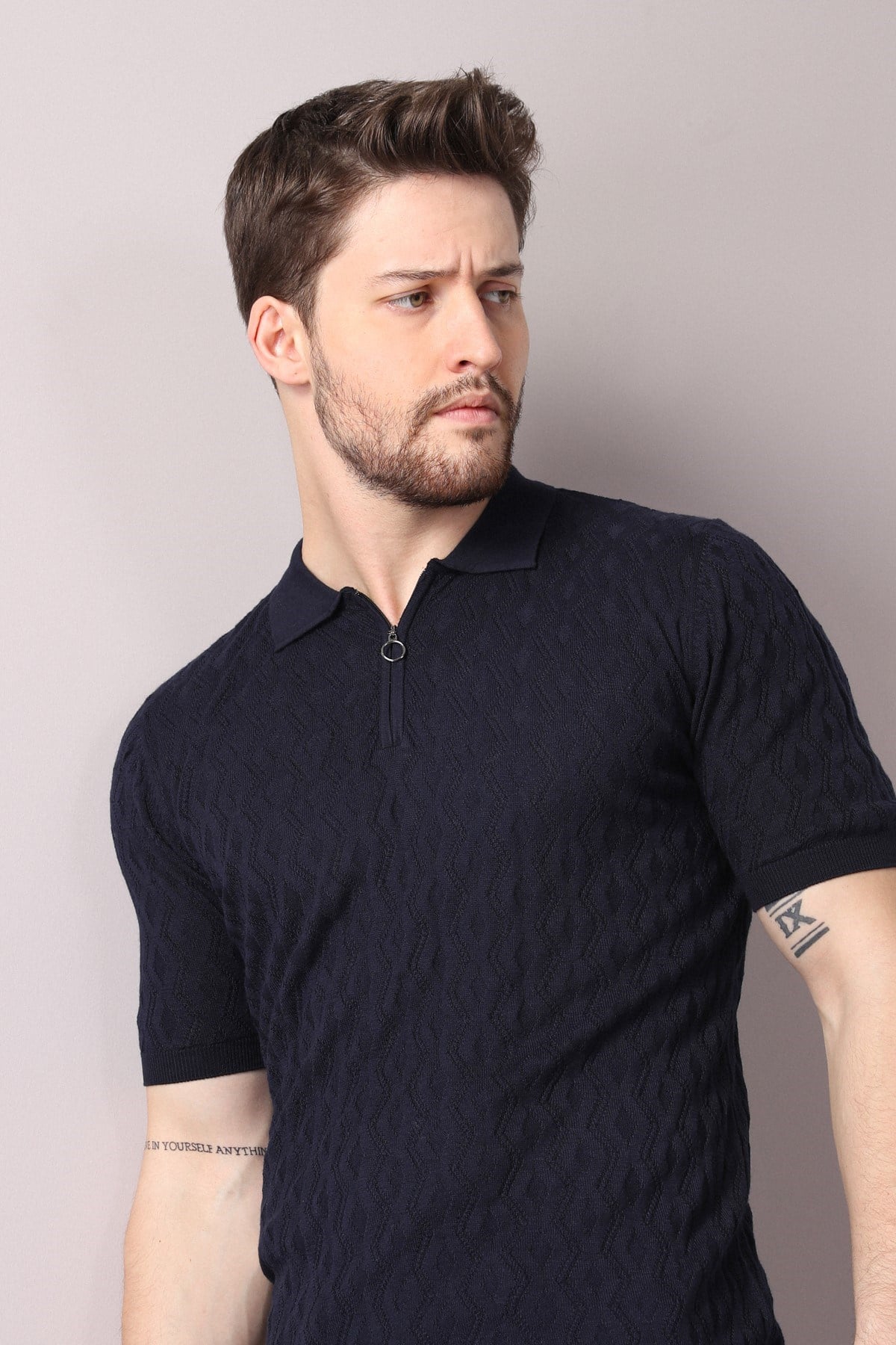 Ferraro Lacivert Polo Yaka Fermuarlı Erkek Pamuk Triko T-Shirt