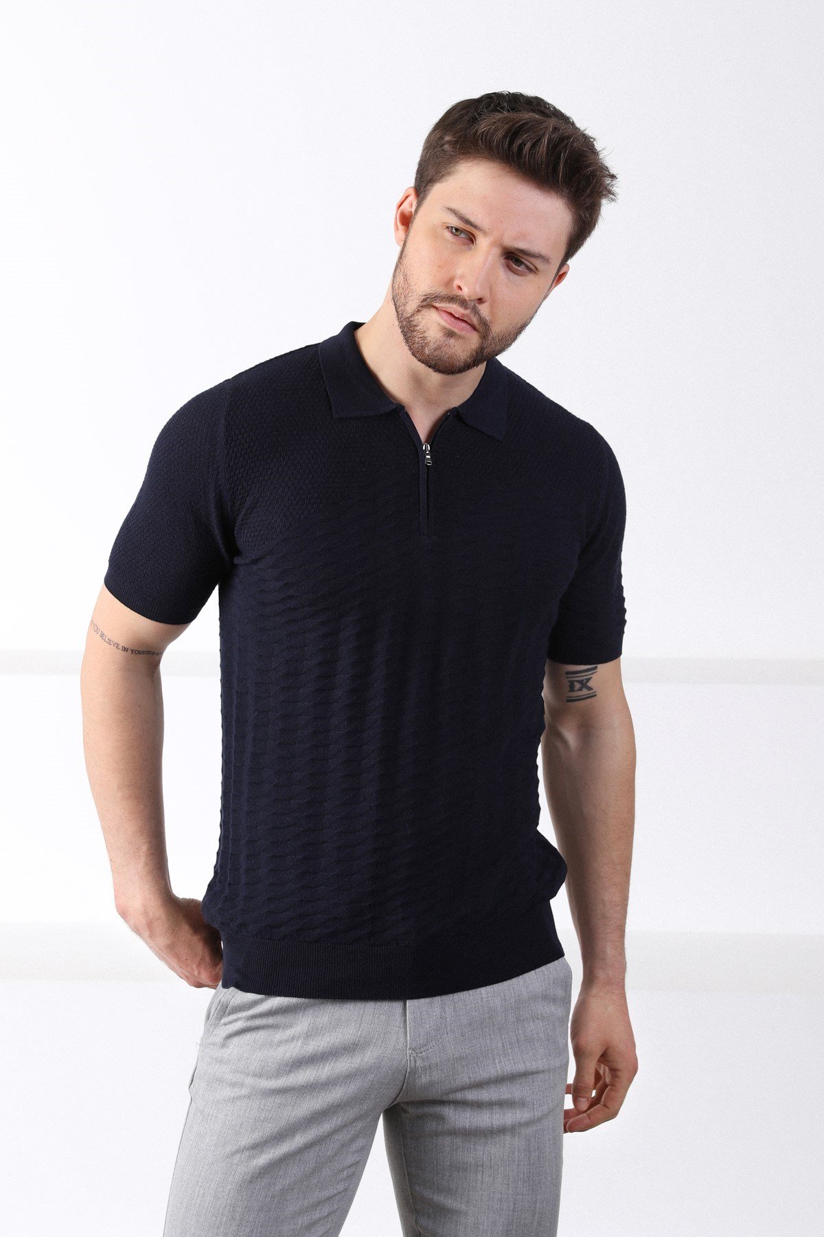 Ferraro Lacivert Polo Yaka Fermuarlı Erkek Pamuk Triko T-Shirt