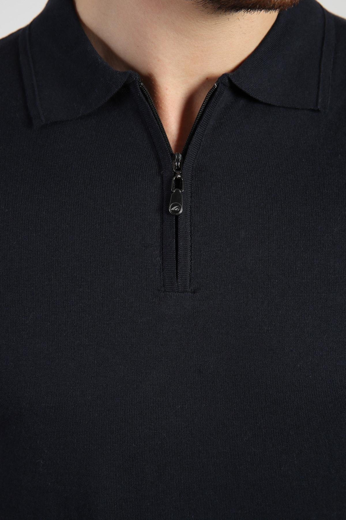 Ferraro Lacivert Polo Yaka Fermuarlı Erkek Pamuk Triko T-Shirt