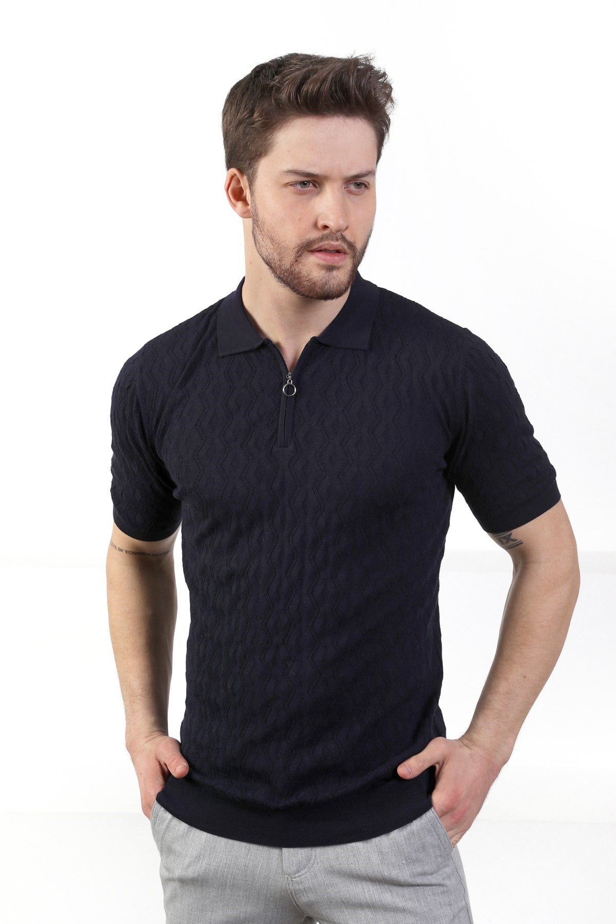Ferraro Lacivert Polo Yaka Fermuarlı Erkek Pamuk Triko T-Shirt