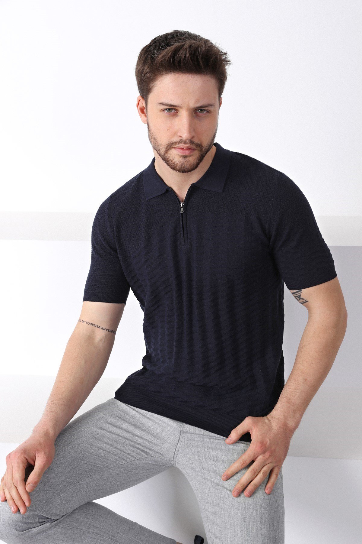 Ferraro Lacivert Polo Yaka Fermuarlı Erkek Pamuk Triko T-Shirt