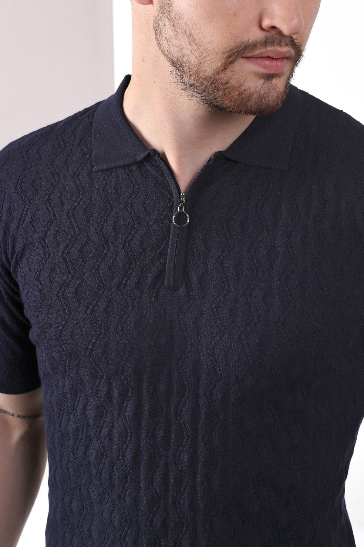 Ferraro Lacivert Polo Yaka Fermuarlı Erkek Pamuk Triko T-Shirt