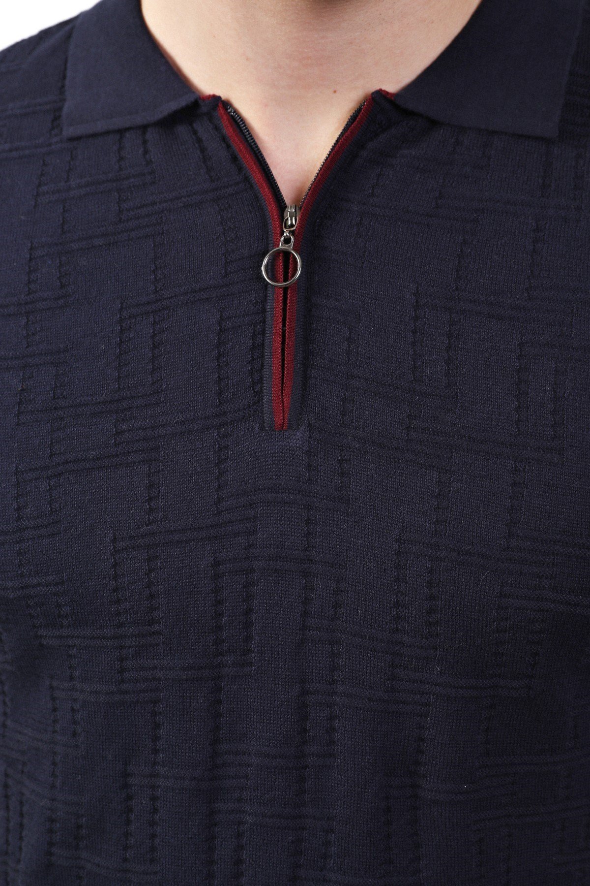 Ferraro Lacivert Polo Yaka Fermuarlı Erkek Pamuk Triko T-Shirt