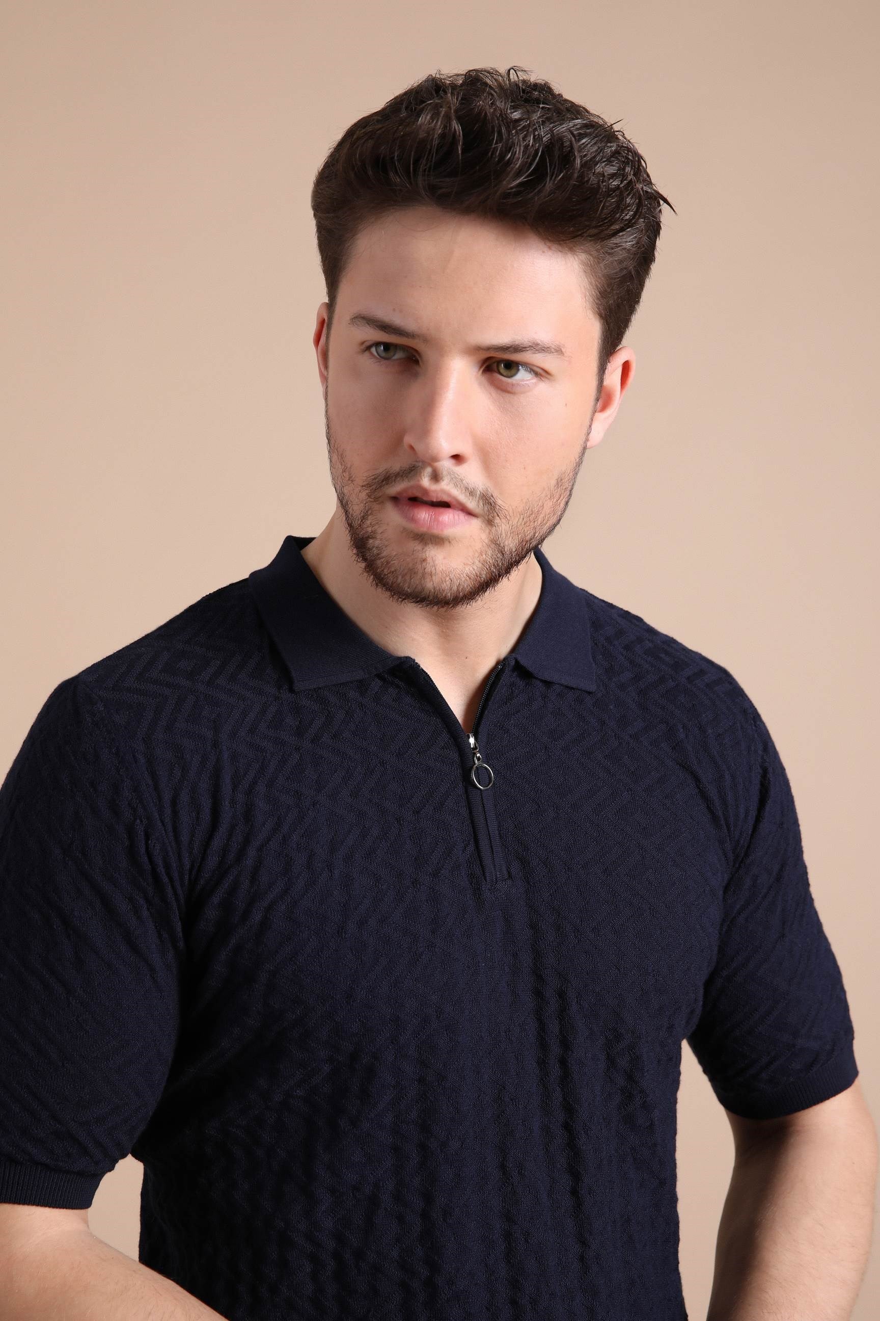Ferraro Lacivert Polo Yaka Fermuarlı Erkek Pamuk Triko T-Shirt