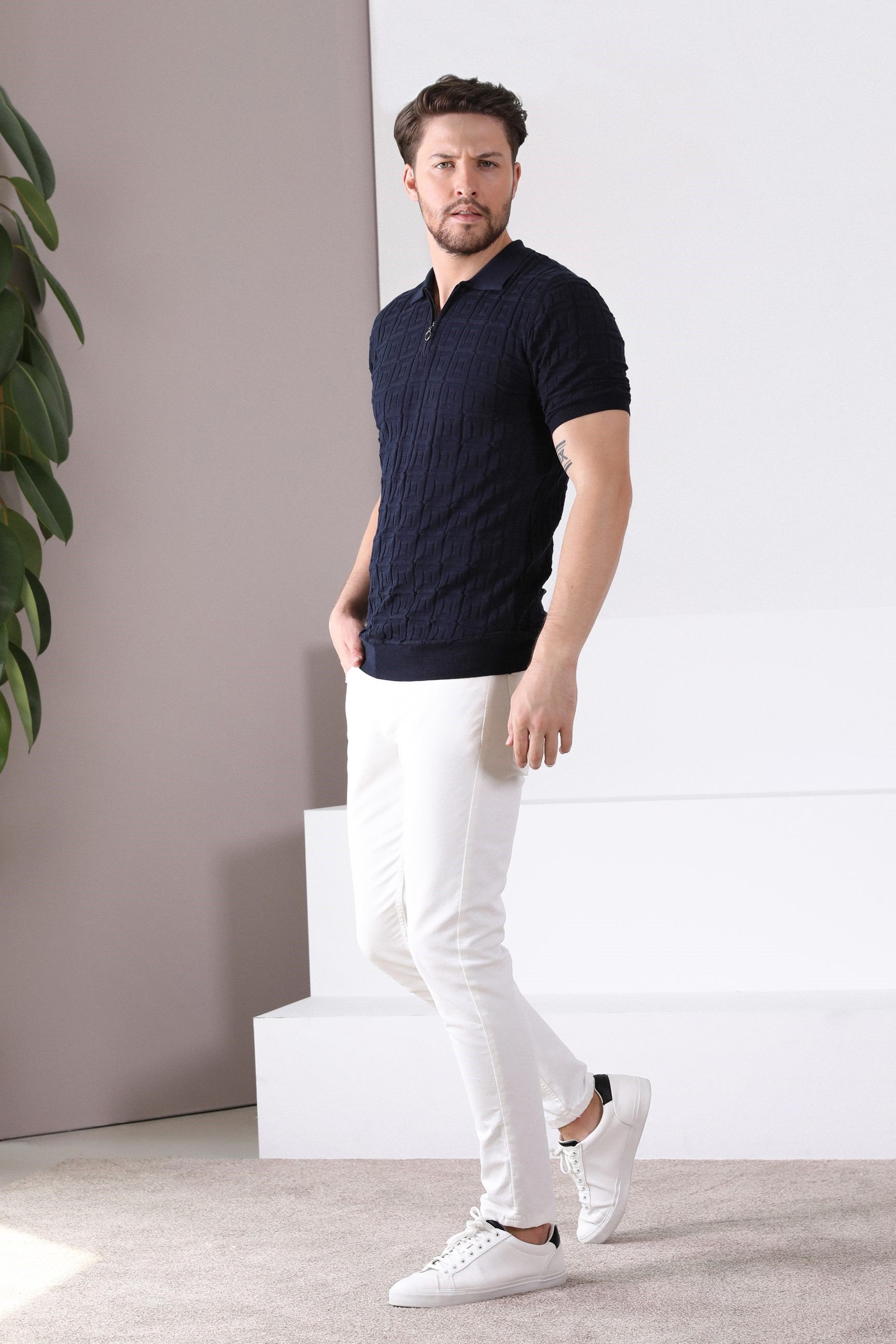 Ferraro Lacivert Polo Yaka Fermuarlı Erkek Pamuk Triko T-Shirt