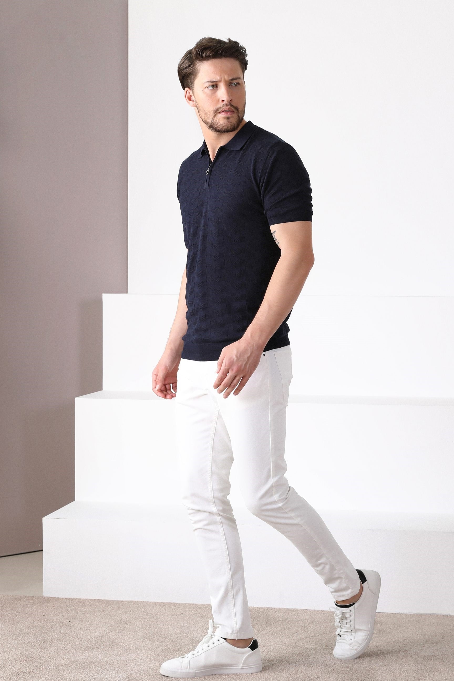 Ferraro Lacivert Polo Yaka Fermuarlı Erkek Pamuk Triko T-Shirt