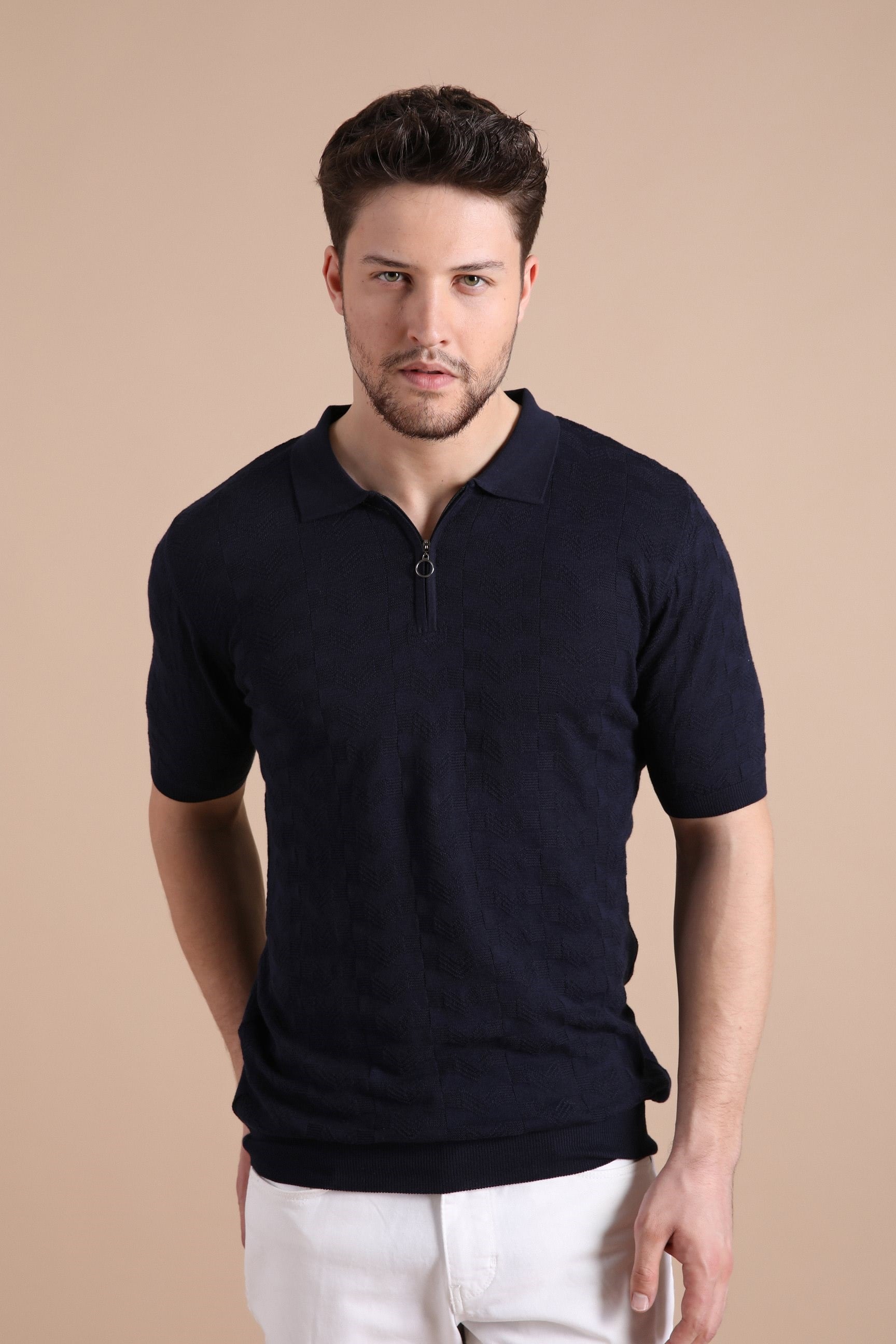 Ferraro Lacivert Polo Yaka Fermuarlı Erkek Pamuk Triko T-Shirt