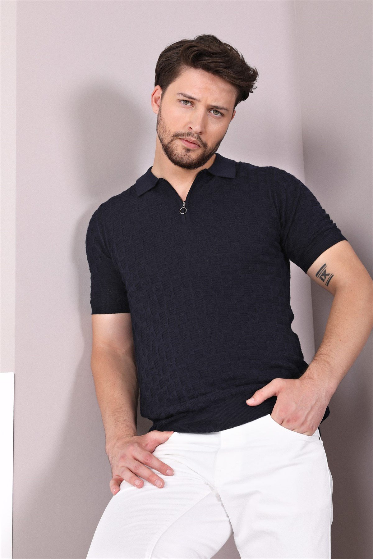 Ferraro Lacivert Polo Yaka Fermuarlı Erkek Pamuk Triko T-Shirt