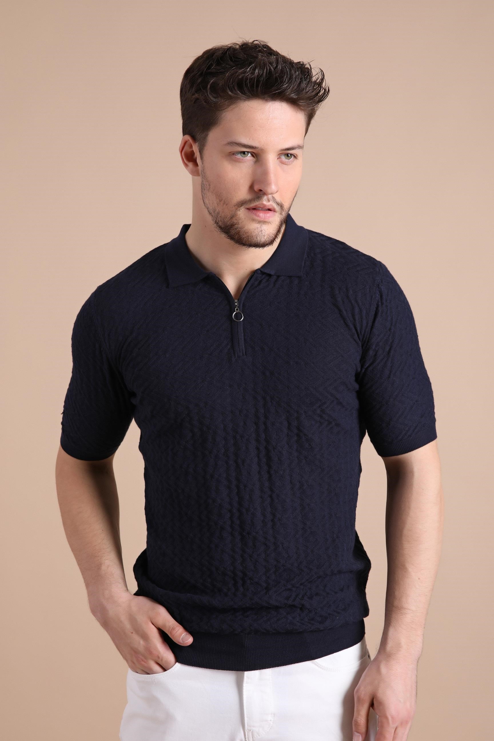 Ferraro Lacivert Polo Yaka Fermuarlı Erkek Pamuk Triko T-Shirt