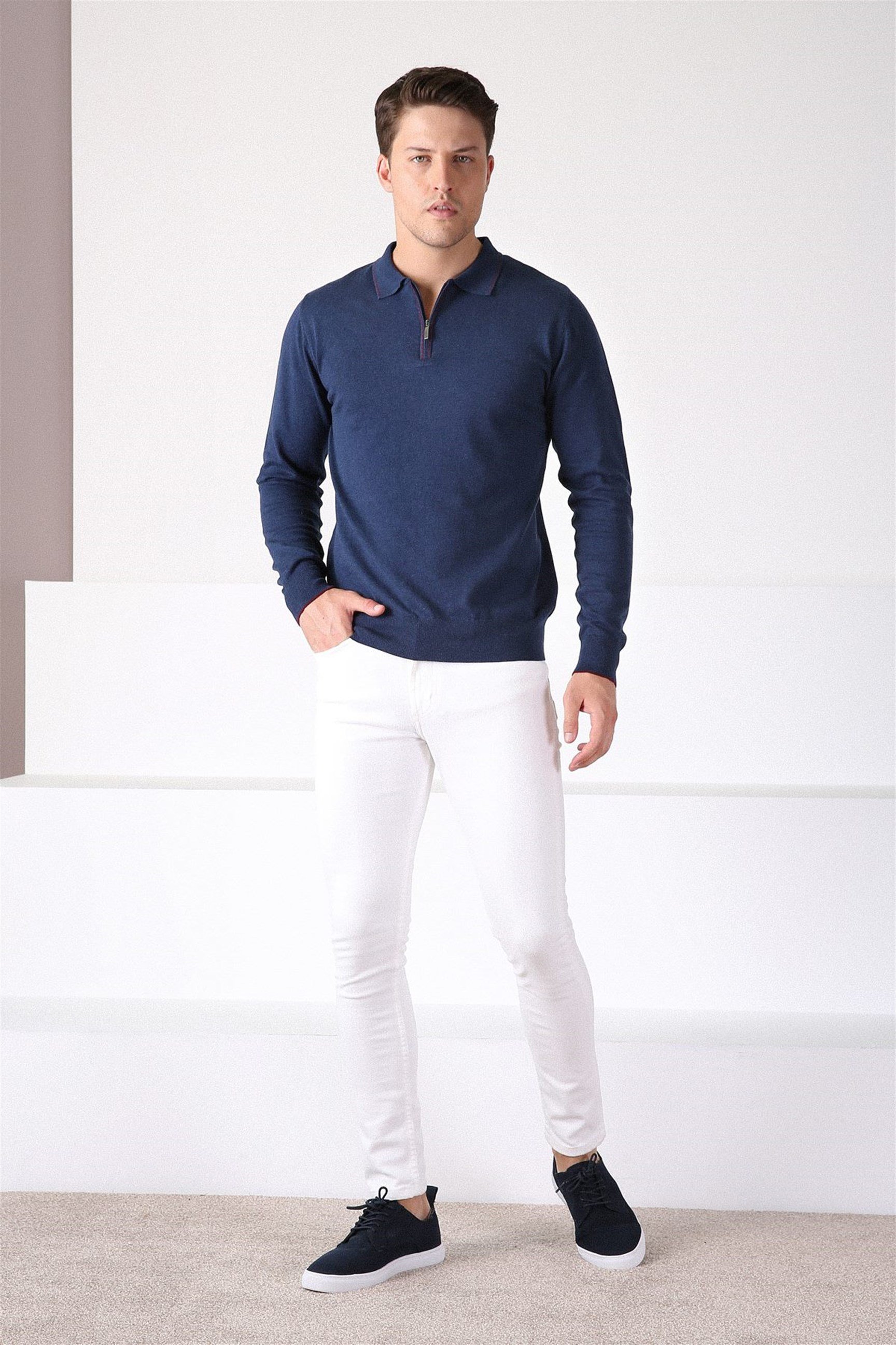 Ferraro Lacivert Polo Yaka Fermuarlı Erkek Pamuk Kazak