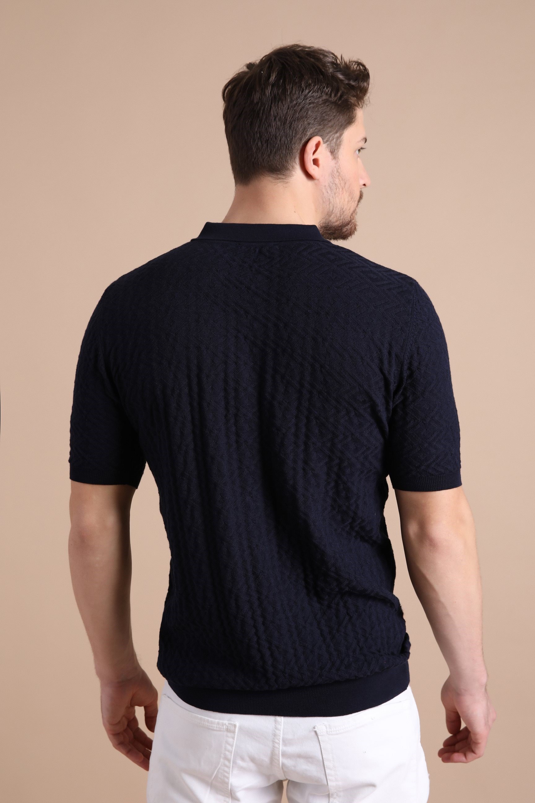 Ferraro Lacivert Polo Yaka Fermuarlı Erkek Pamuk Triko T-Shirt