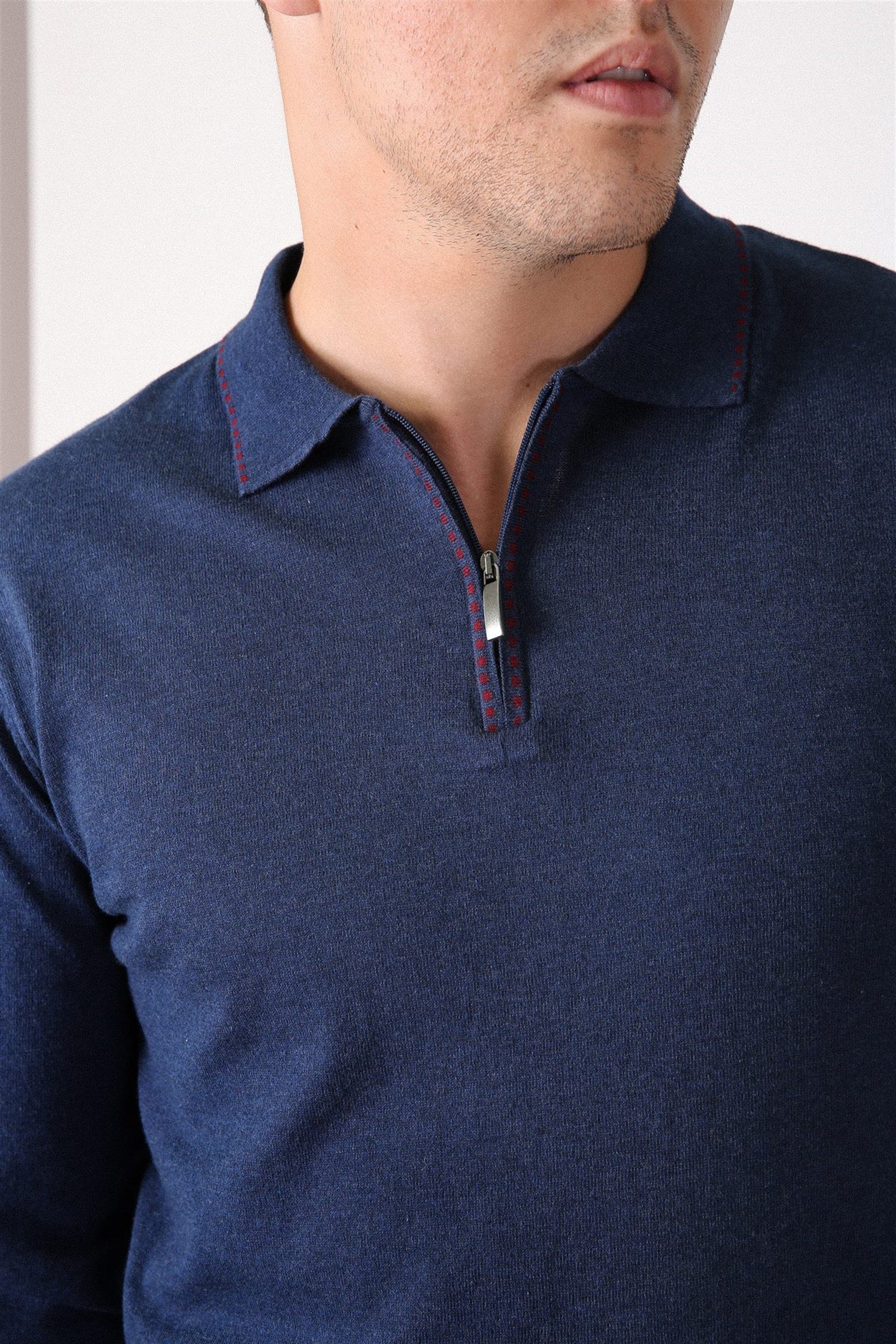 Ferraro Lacivert Polo Yaka Fermuarlı Erkek Pamuk Kazak