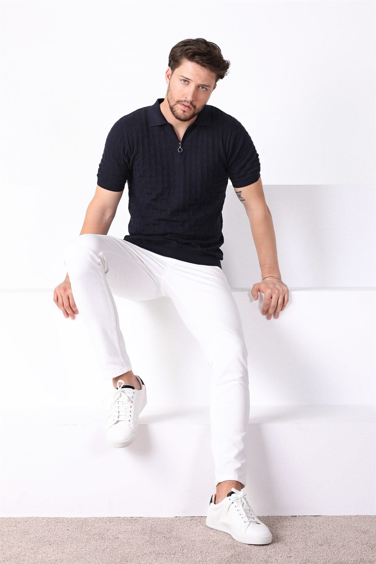 Ferraro Lacivert Polo Yaka Fermuarlı Erkek Pamuk Triko T-Shirt