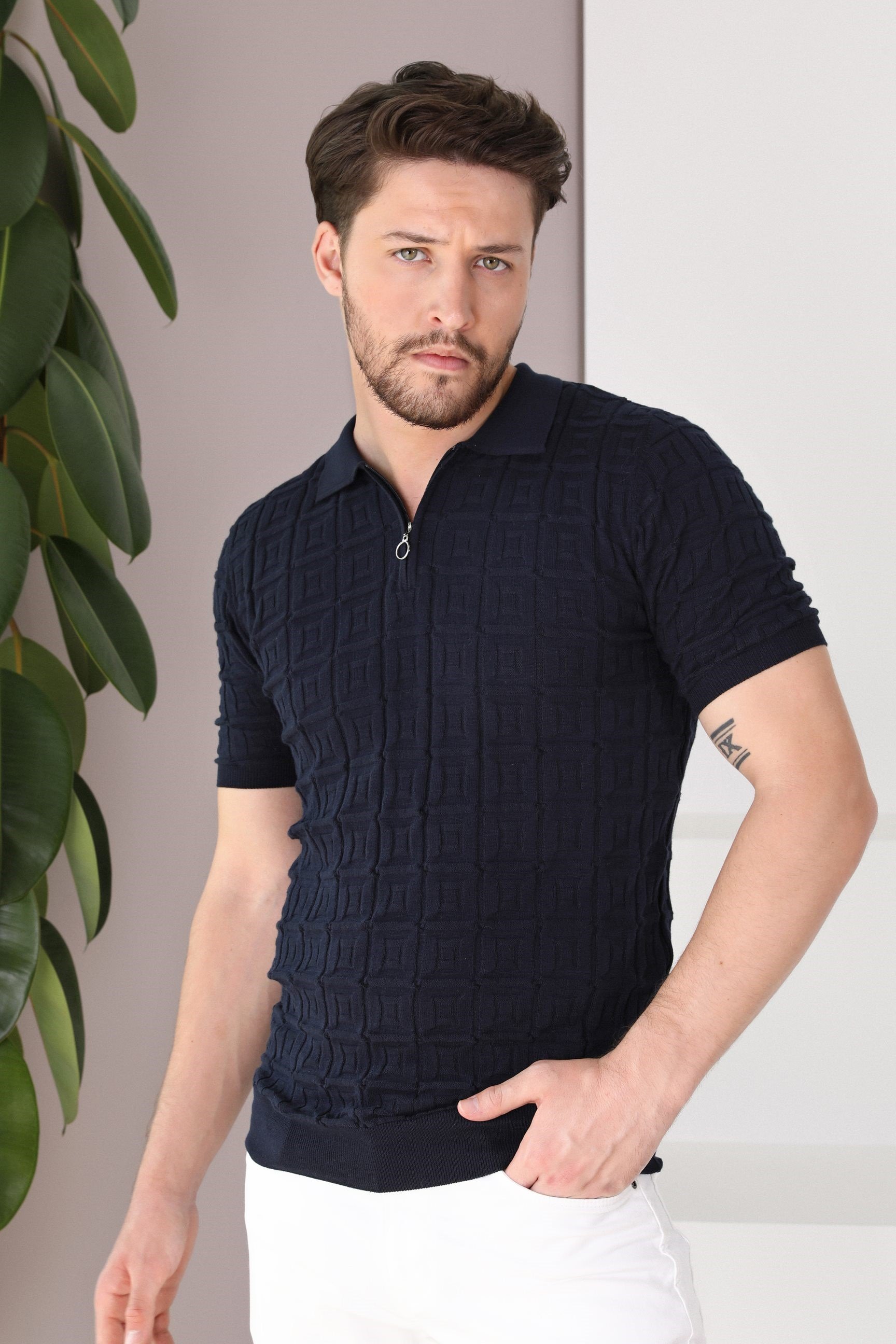 Ferraro Lacivert Polo Yaka Fermuarlı Erkek Pamuk Triko T-Shirt