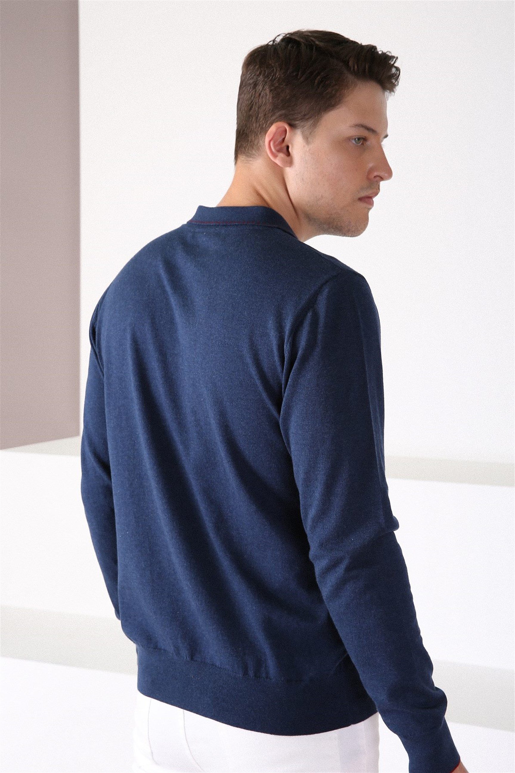 Ferraro Lacivert Polo Yaka Fermuarlı Erkek Pamuk Kazak