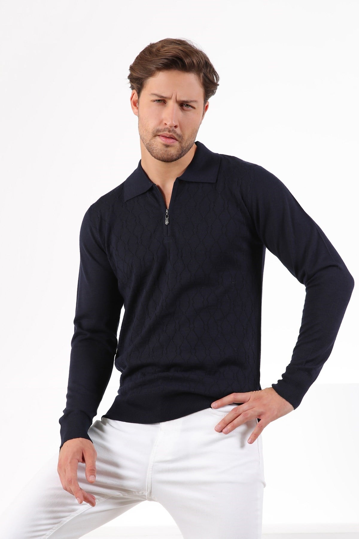 Ferraro Lacivert Polo Yaka Superfine Erkek Triko Kazak