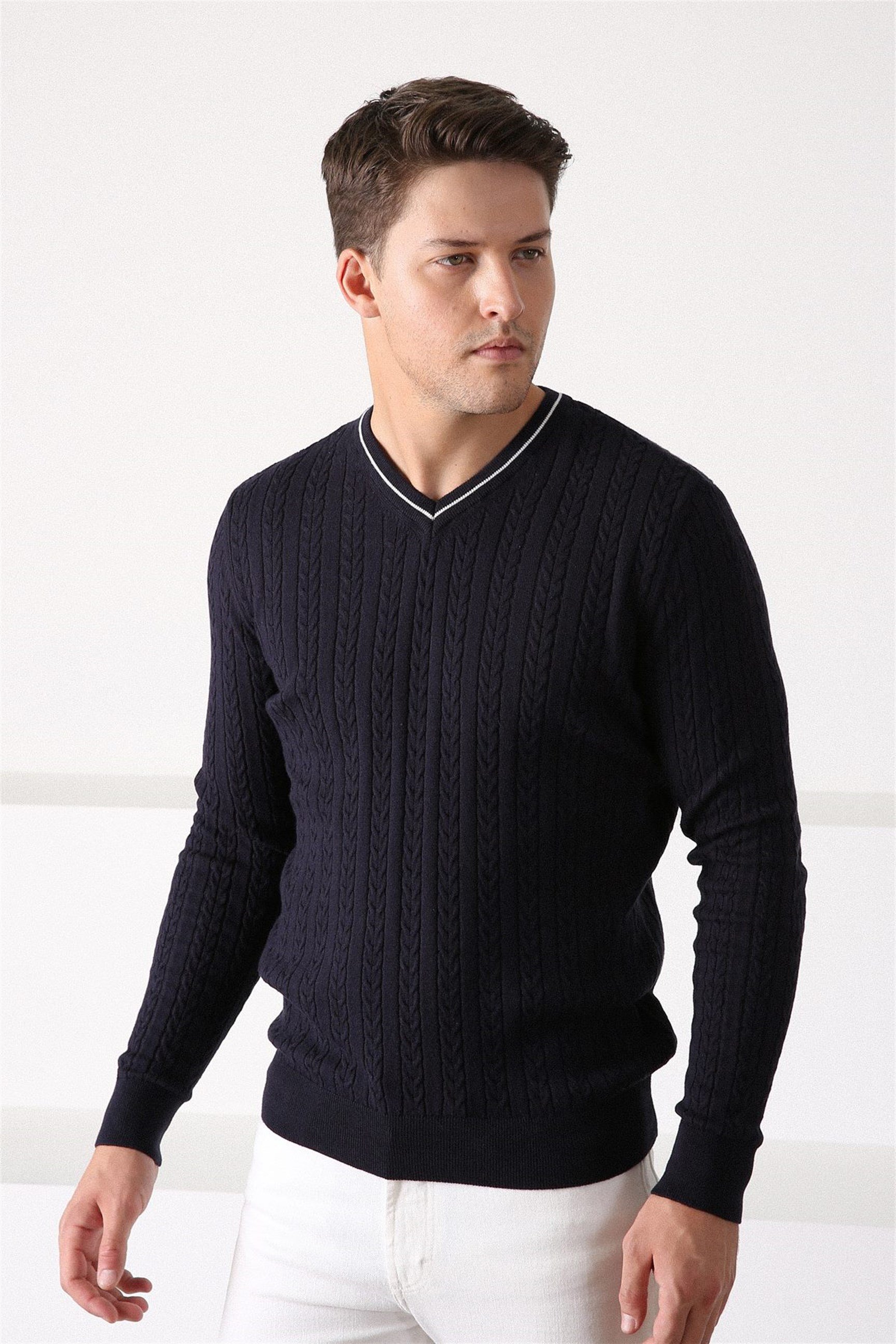 Ferraro Lacivert V Yaka Erkek Pamuk Kazak