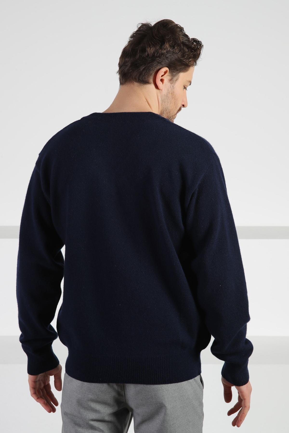 Ferraro Lacivert V Yaka Erkek Uzun Kollu %100 Kuzu Yünü Triko Kazak