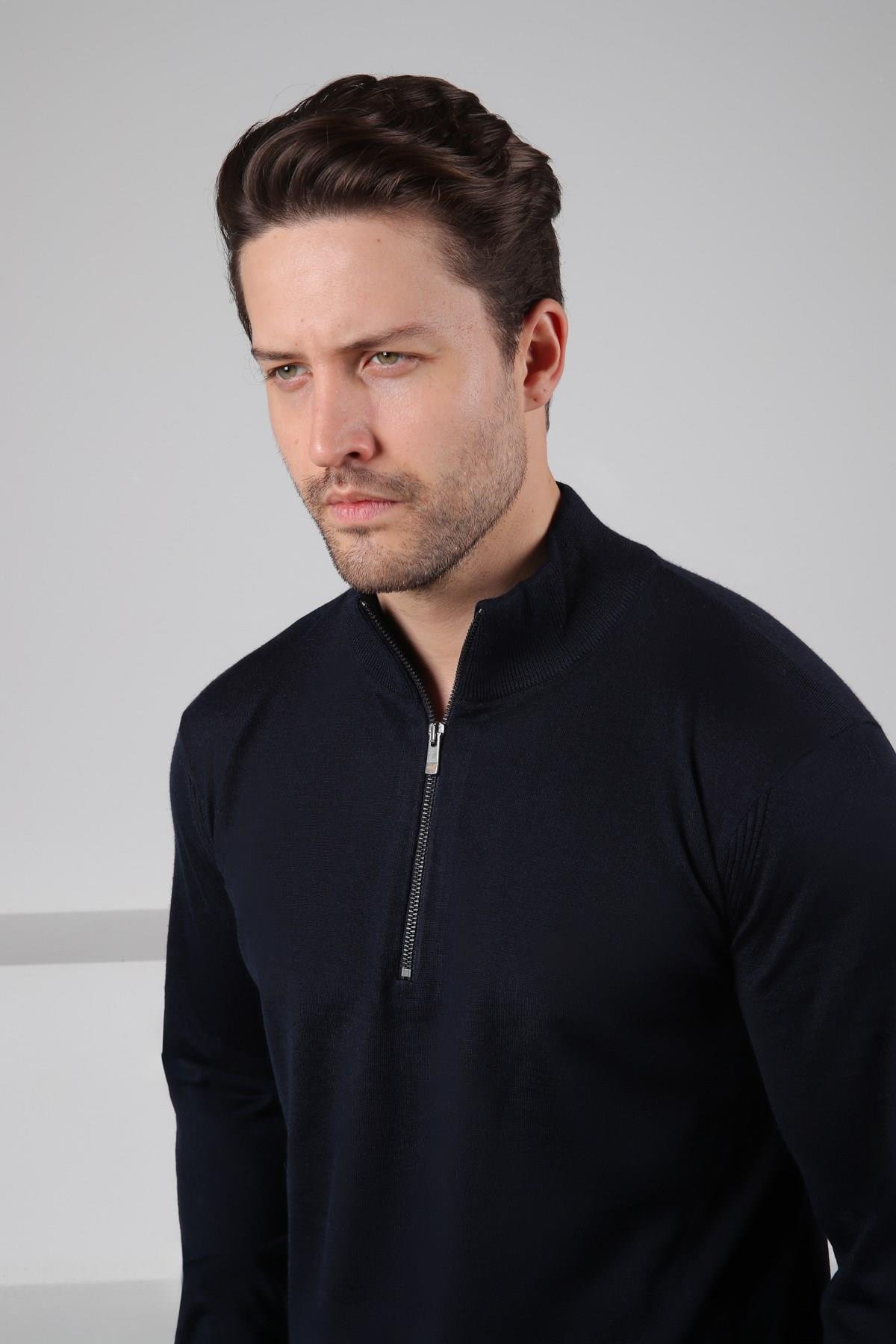 Ferraro Lacivert Yarım Fermuarlı Dik Yaka Uzun Kollu Süperfine Erkek Triko Kazak