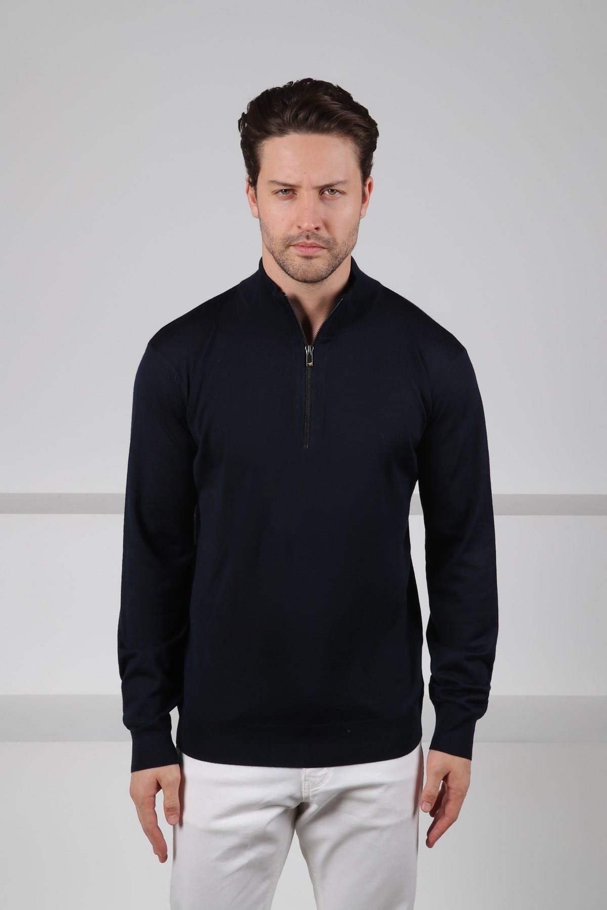 Ferraro Lacivert Yarım Fermuarlı Dik Yaka Uzun Kollu Süperfine Erkek Triko Kazak