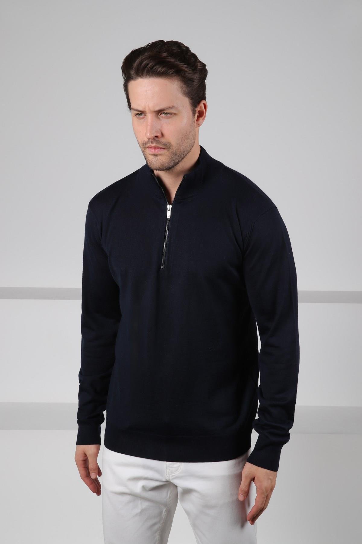 Ferraro Lacivert Yarım Fermuarlı Dik Yaka Uzun Kollu Süperfine Erkek Triko Kazak