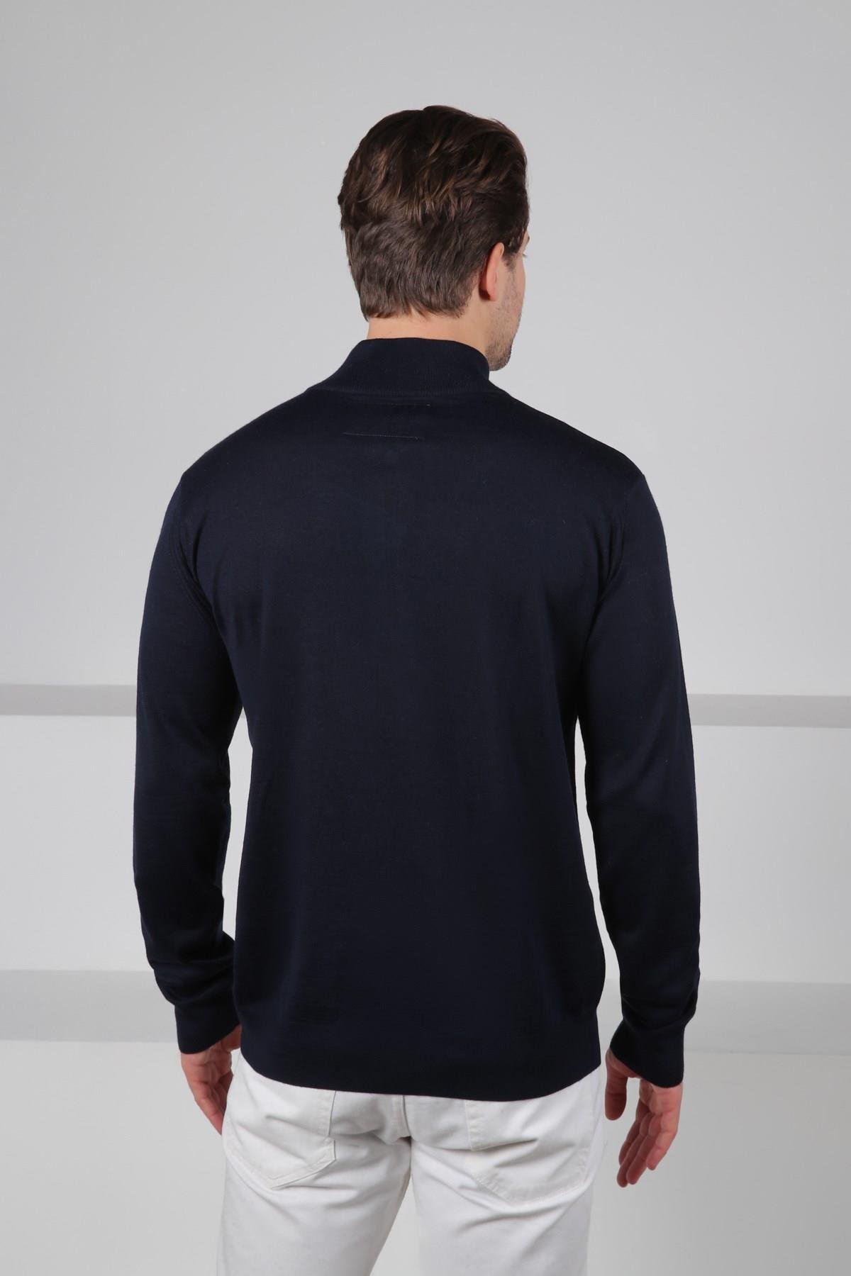 Ferraro Lacivert Yarım Fermuarlı Dik Yaka Uzun Kollu Süperfine Erkek Triko Kazak