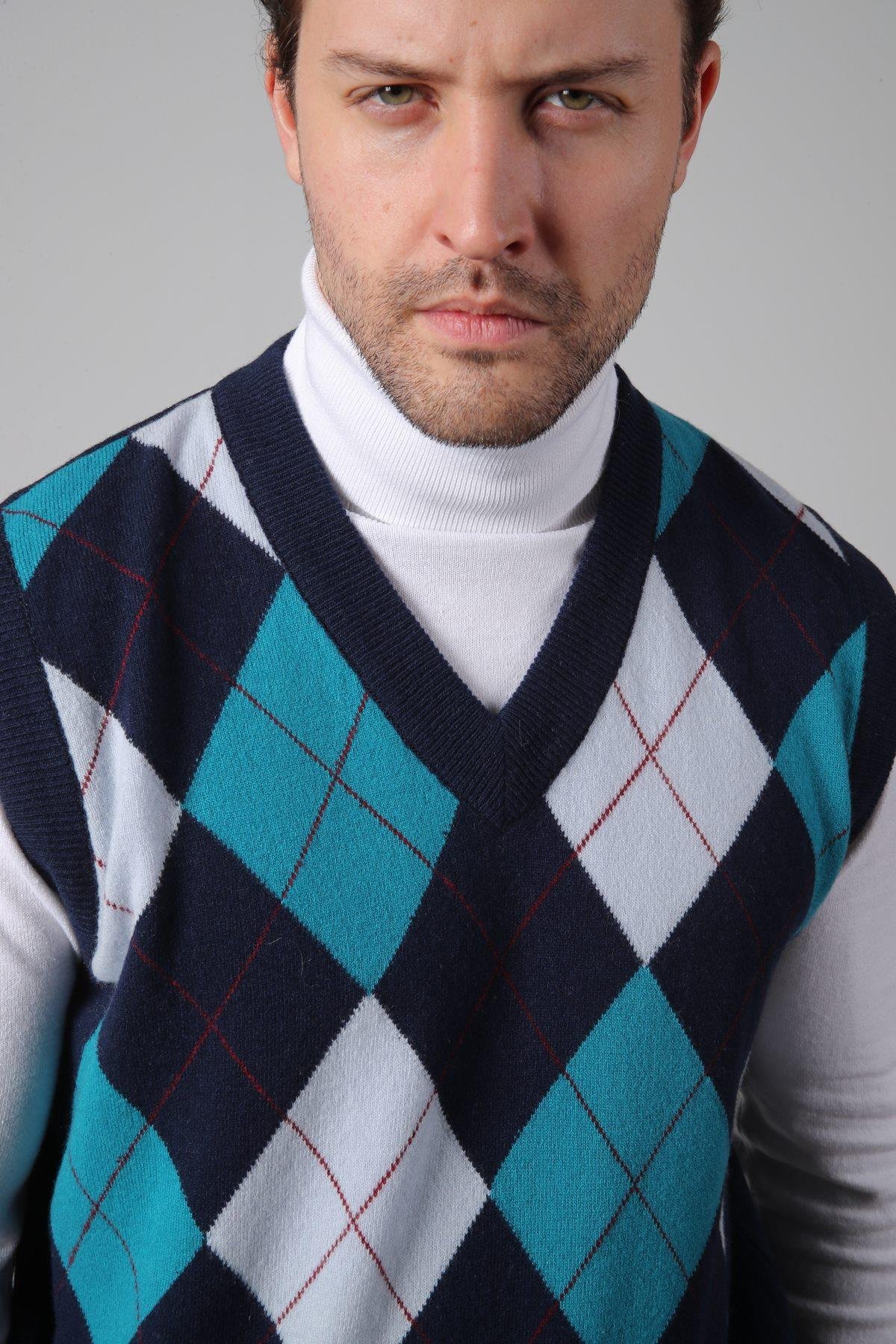 Ferraro Lacivert/Turkuaz V Yaka Çok Renkli Baklava Desenli Kolsuz %100 Kuzu Yünü Erkek Triko Süveter