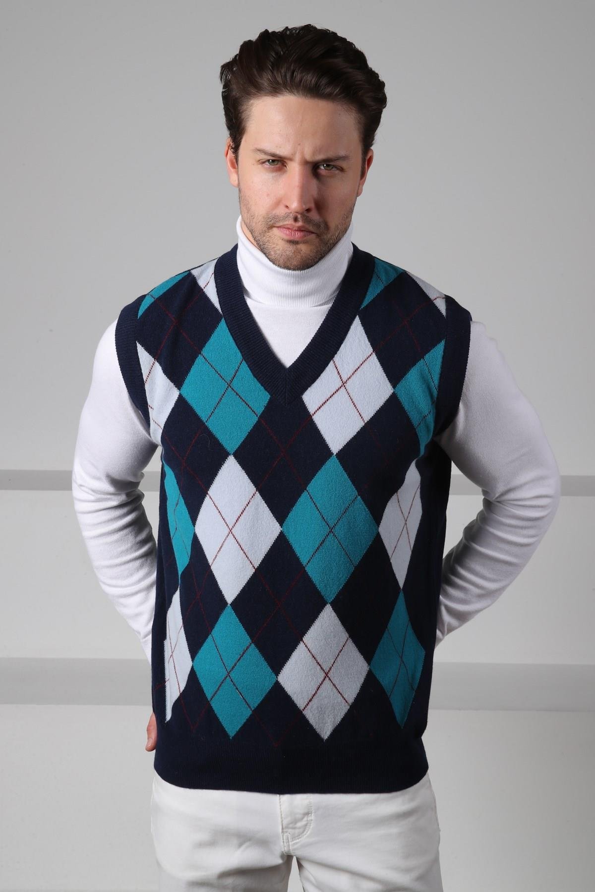 Ferraro Lacivert/Turkuaz V Yaka Çok Renkli Baklava Desenli Kolsuz %100 Kuzu Yünü Erkek Triko Süveter