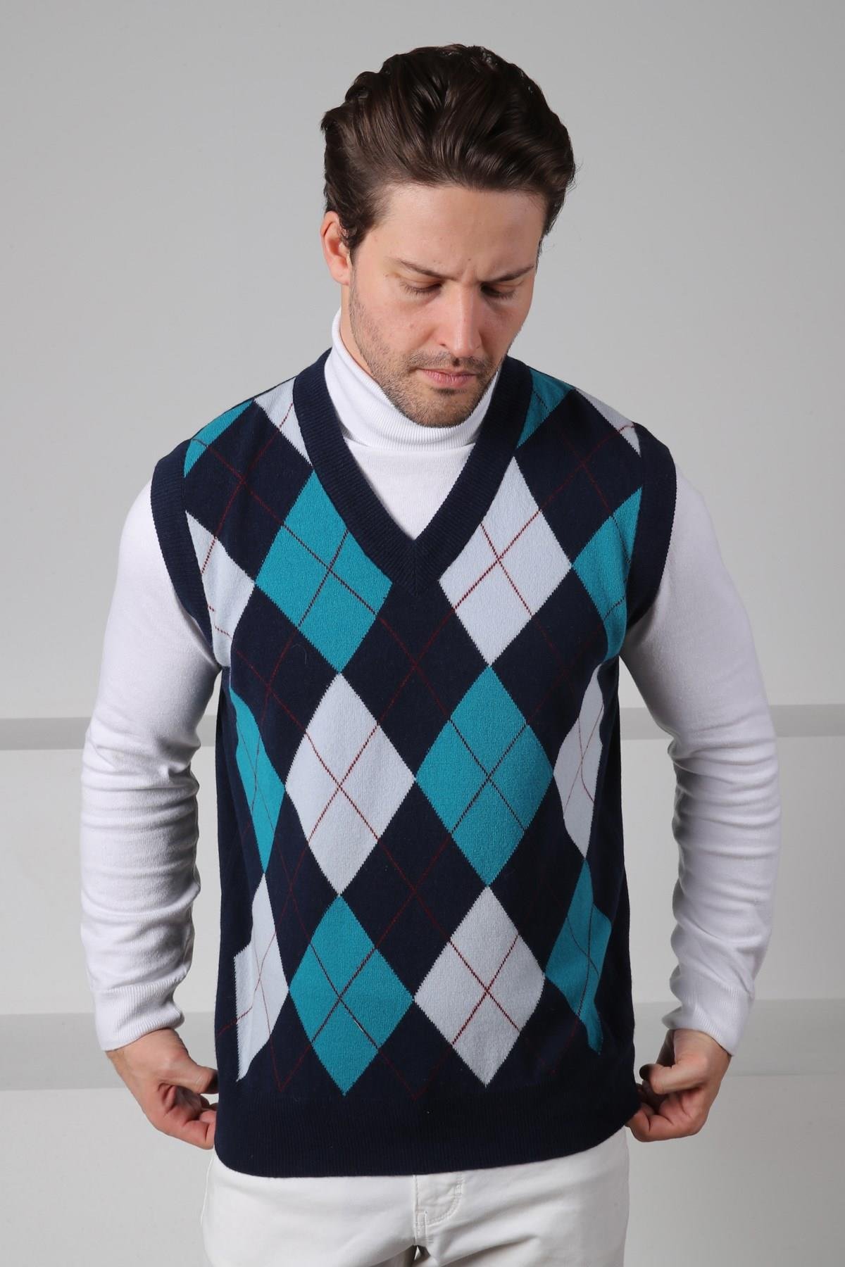 Ferraro Lacivert/Turkuaz V Yaka Çok Renkli Baklava Desenli Kolsuz %100 Kuzu Yünü Erkek Triko Süveter