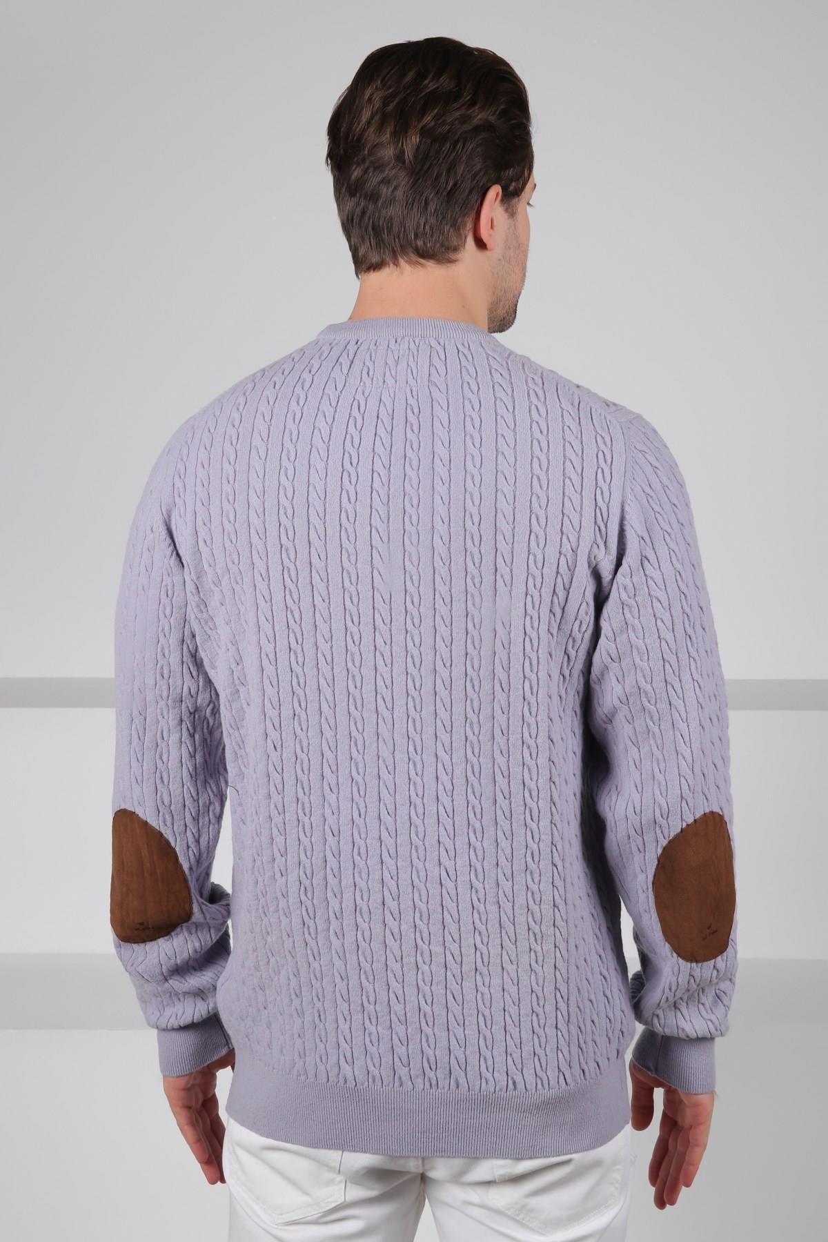 Ferraro Lila Bisiklet Yaka Kabartmalı Saç Örgü Desenli Uzun Kollu %100 Kuzu Yünü Erkek Triko Kazak