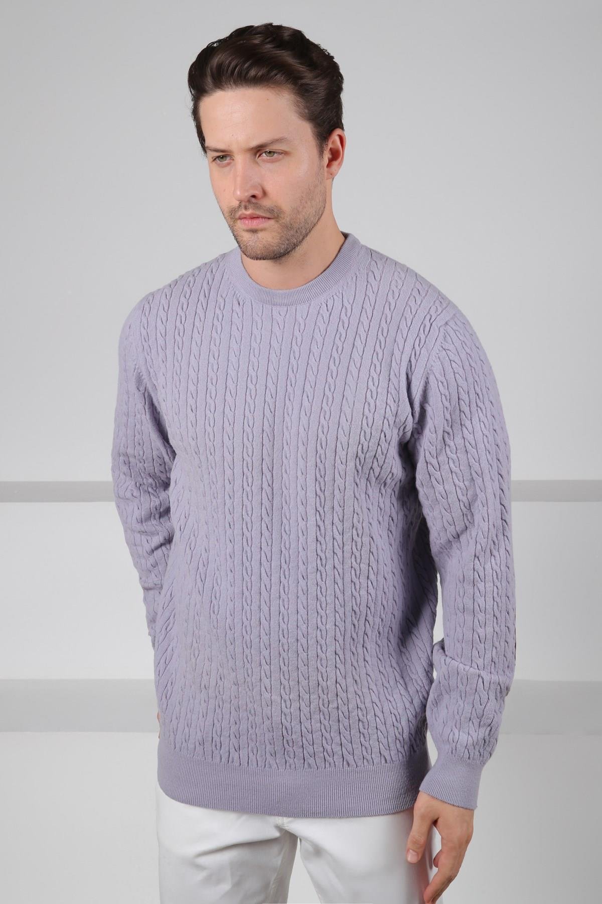 Ferraro Lila Bisiklet Yaka Kabartmalı Saç Örgü Desenli Uzun Kollu %100 Kuzu Yünü Erkek Triko Kazak