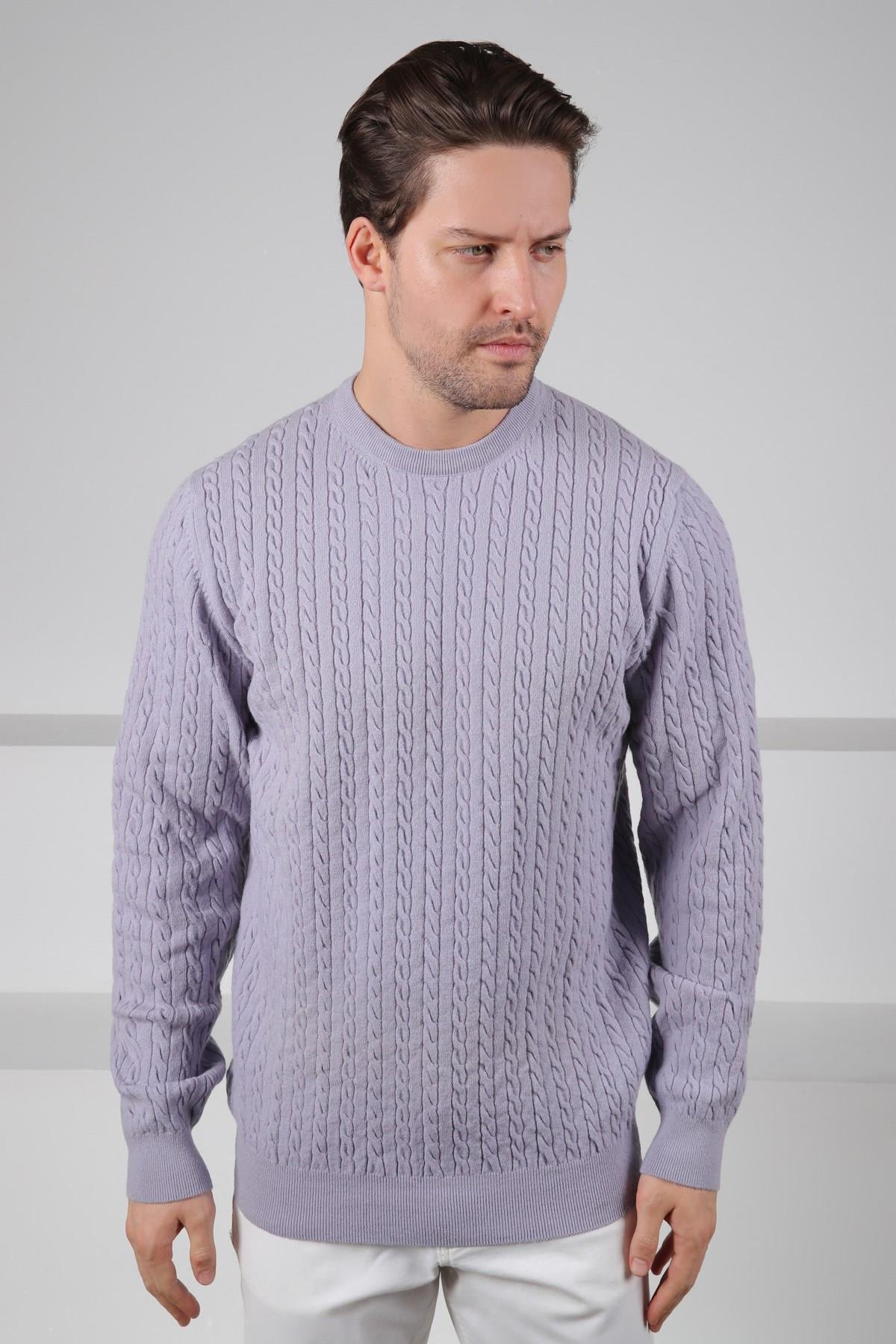 Ferraro Lila Bisiklet Yaka Kabartmalı Saç Örgü Desenli Uzun Kollu %100 Kuzu Yünü Erkek Triko Kazak