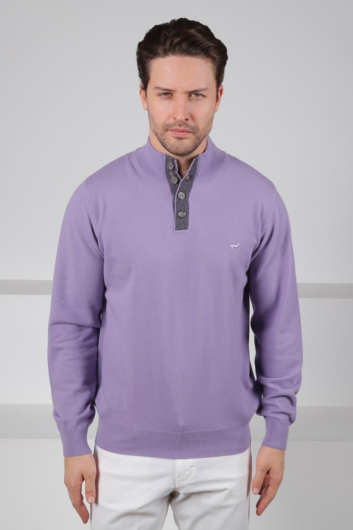 Ferraro Lila Düğmeli Yarım Balıkçı Yaka Uzun Kollu %100 Kuzu Yünü Erkek Triko Kazak