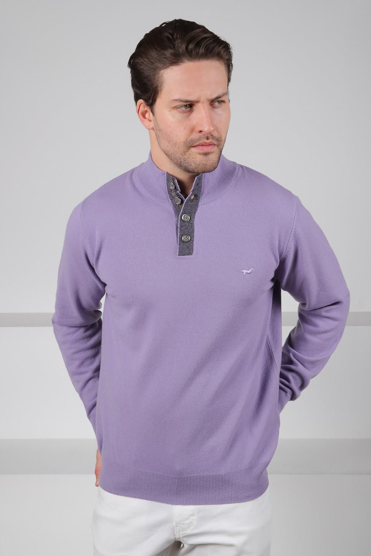 Ferraro Lila Düğmeli Yarım Balıkçı Yaka Uzun Kollu %100 Kuzu Yünü Erkek Triko Kazak
