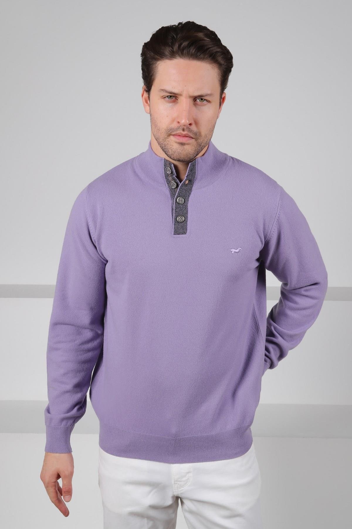 Ferraro Lila Düğmeli Yarım Balıkçı Yaka Uzun Kollu %100 Kuzu Yünü Erkek Triko Kazak