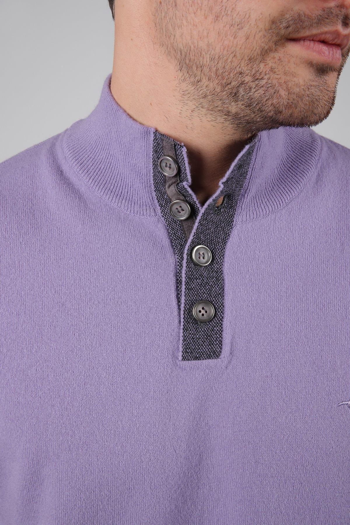 Ferraro Lila Düğmeli Yarım Balıkçı Yaka Uzun Kollu %100 Kuzu Yünü Erkek Triko Kazak