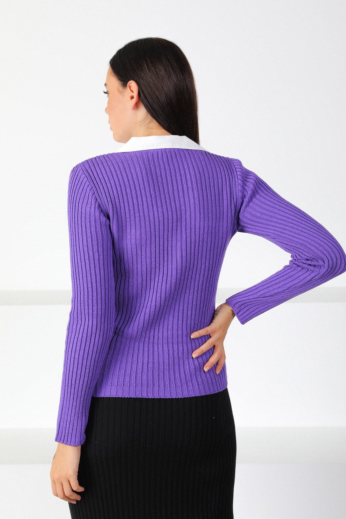 Ferraro Lila Gömlek Yaka Kadın Triko Hırka