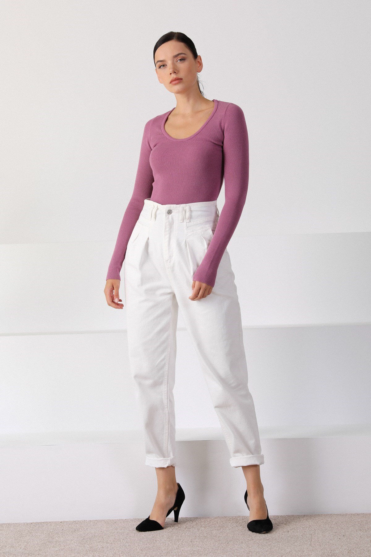 Ferraro Lila Kare Yaka Uzun Kol Kadın Triko Kazak