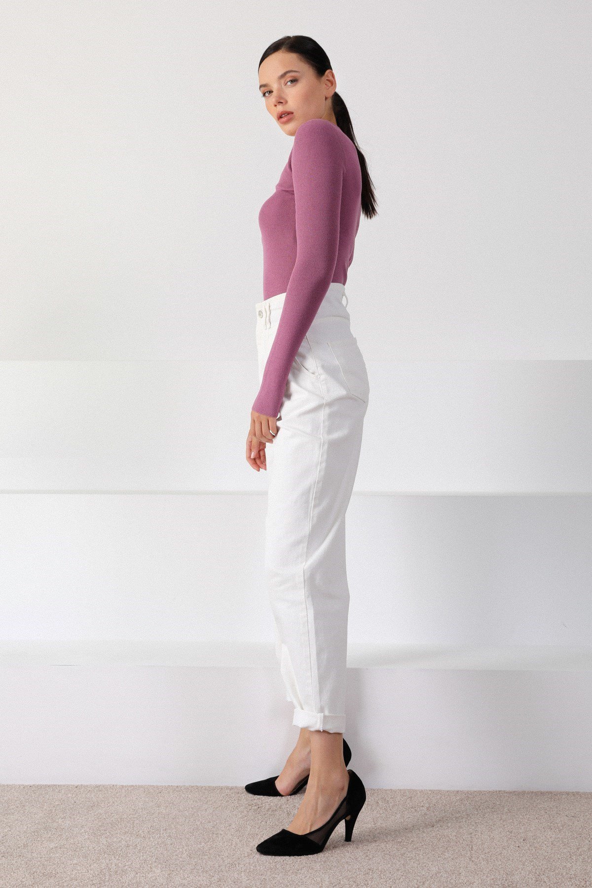 Ferraro Lila Kare Yaka Uzun Kol Kadın Triko Kazak