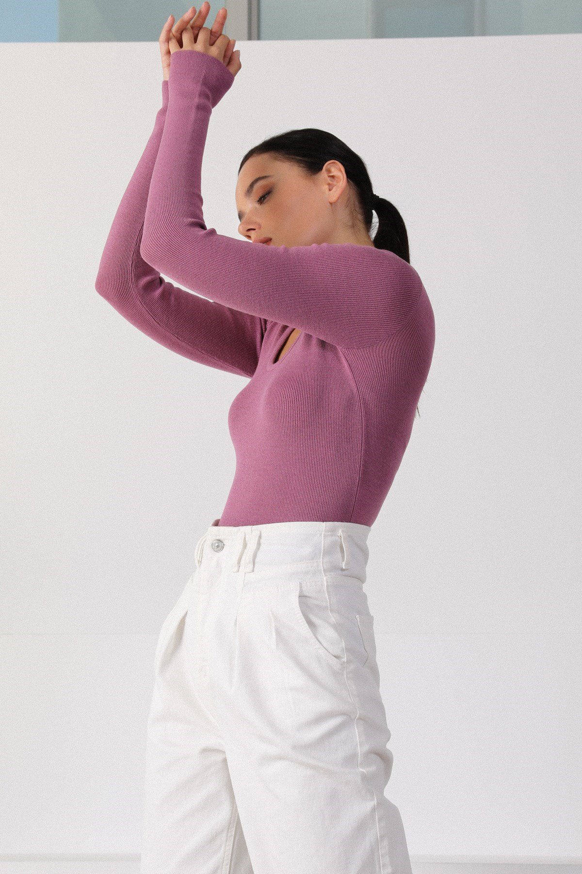 Ferraro Lila Kare Yaka Uzun Kol Kadın Triko Kazak